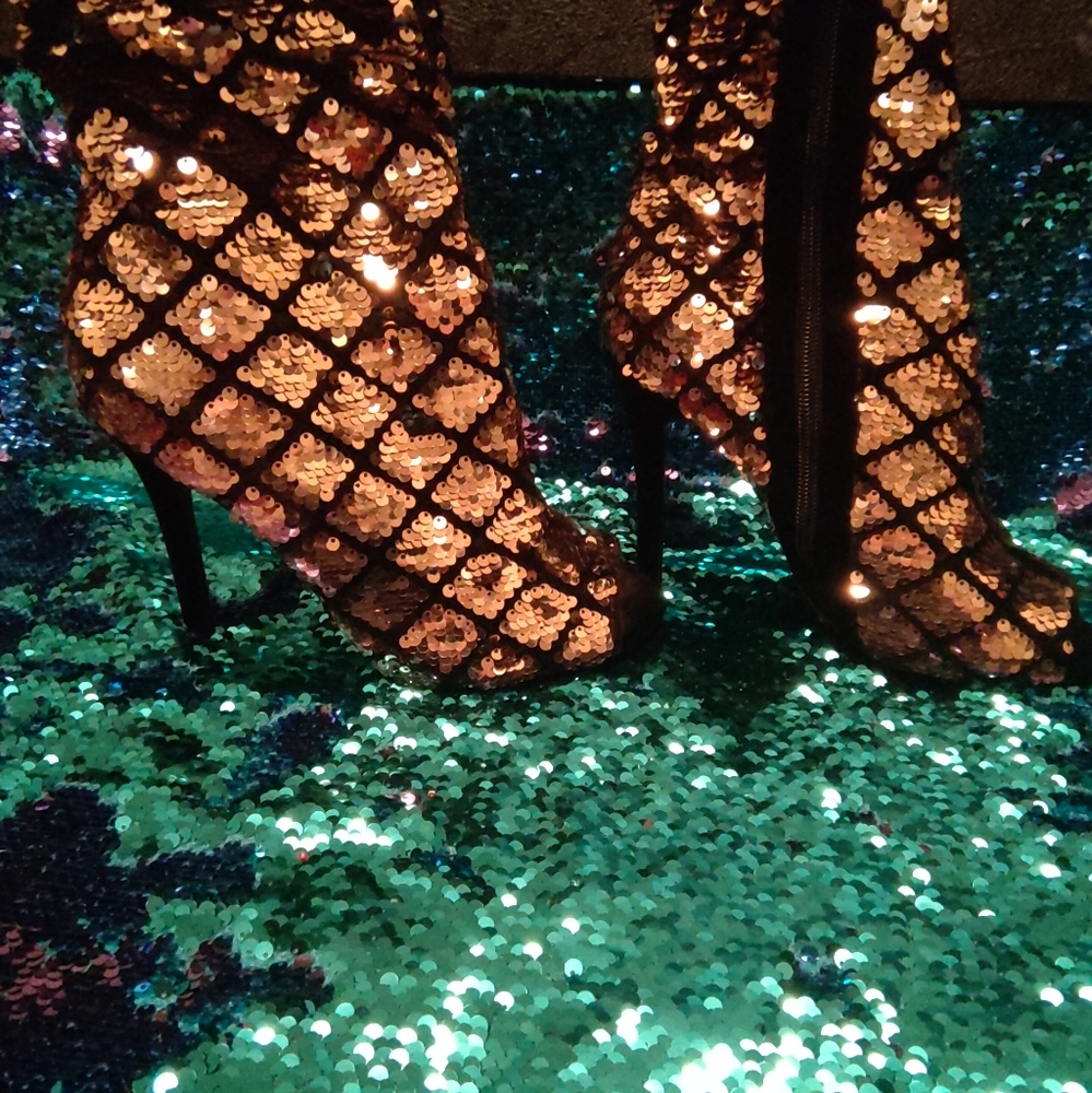 Qupid Black and Gold Sequin Booties